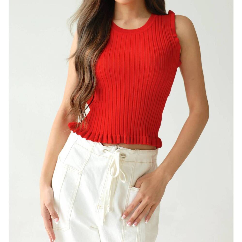 NEW HEM & THREAD austin ribbed high-neck frill tank in red